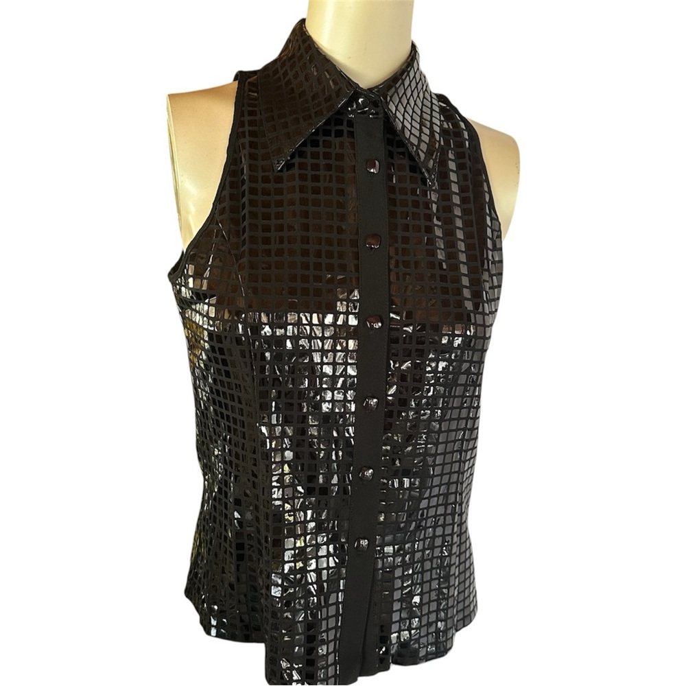 CLARA SUNWOO Glossy Black Mosaic Button Down Blouse - Small